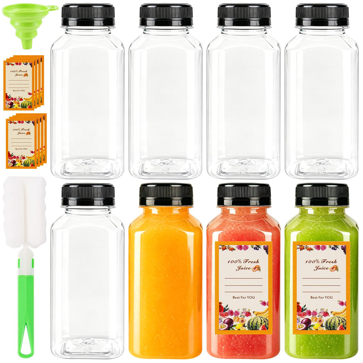 8 Pack 8oz Reusable Plastic Juice Bottles,Clear Juice Bottles with Caps | Leak Proof Portable Juice Bottles with Caps for Homemade Juice, Tea, Coffee and Daily Travel Storage