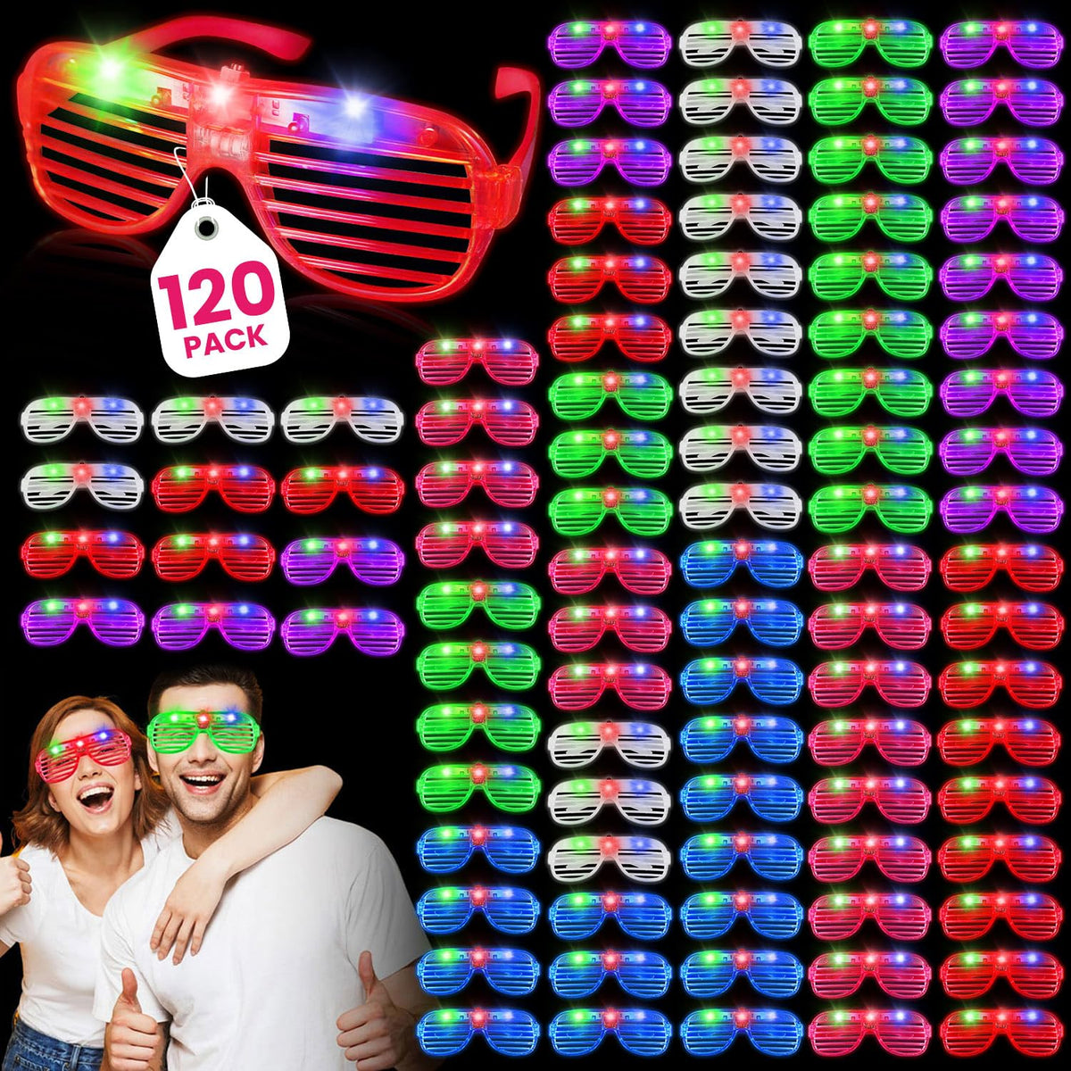 120 Pack LED Glasses, 6 Colors, Glow in The Dark Party Supplies | Party Glasses for Adults, Light Up Glasses, Glow Shutter Glasses, for Valentines Day, New Year's Eve, Birthday