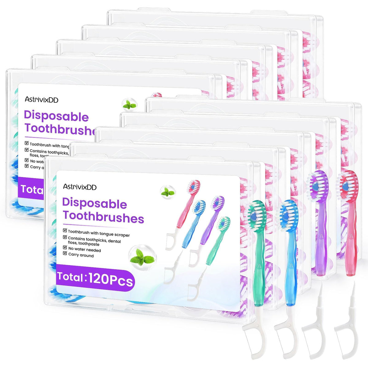 120 Pack 5-in-1 Mini Toothbrush Disposable, Prepasted Toothbrushes | Waterless Disposable Toothbrushes with Toothpaste, Floss, Tongue Scraper & Toothpick, for Travel, Hotel, Camping