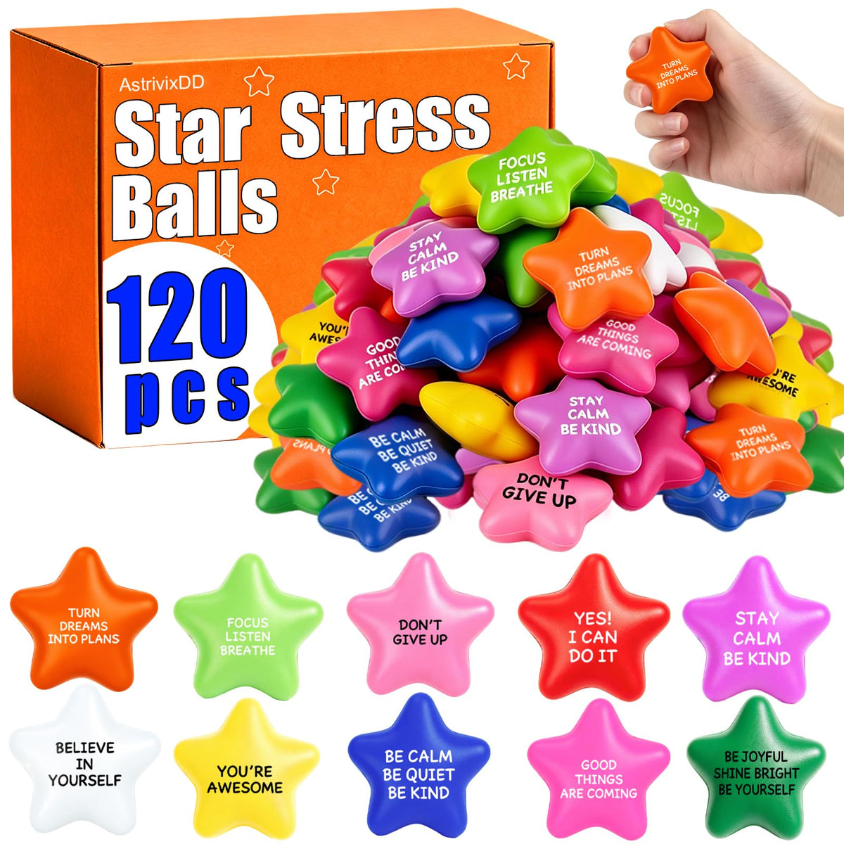 120 Pack Star Stress Balls Bulk, Foam Fidget Toys with Motivational Quotes | Anxiety and Anger Relief Mini Squeeze Toys for Adults, Kids, Work, School and Party Favors, Multi-Color