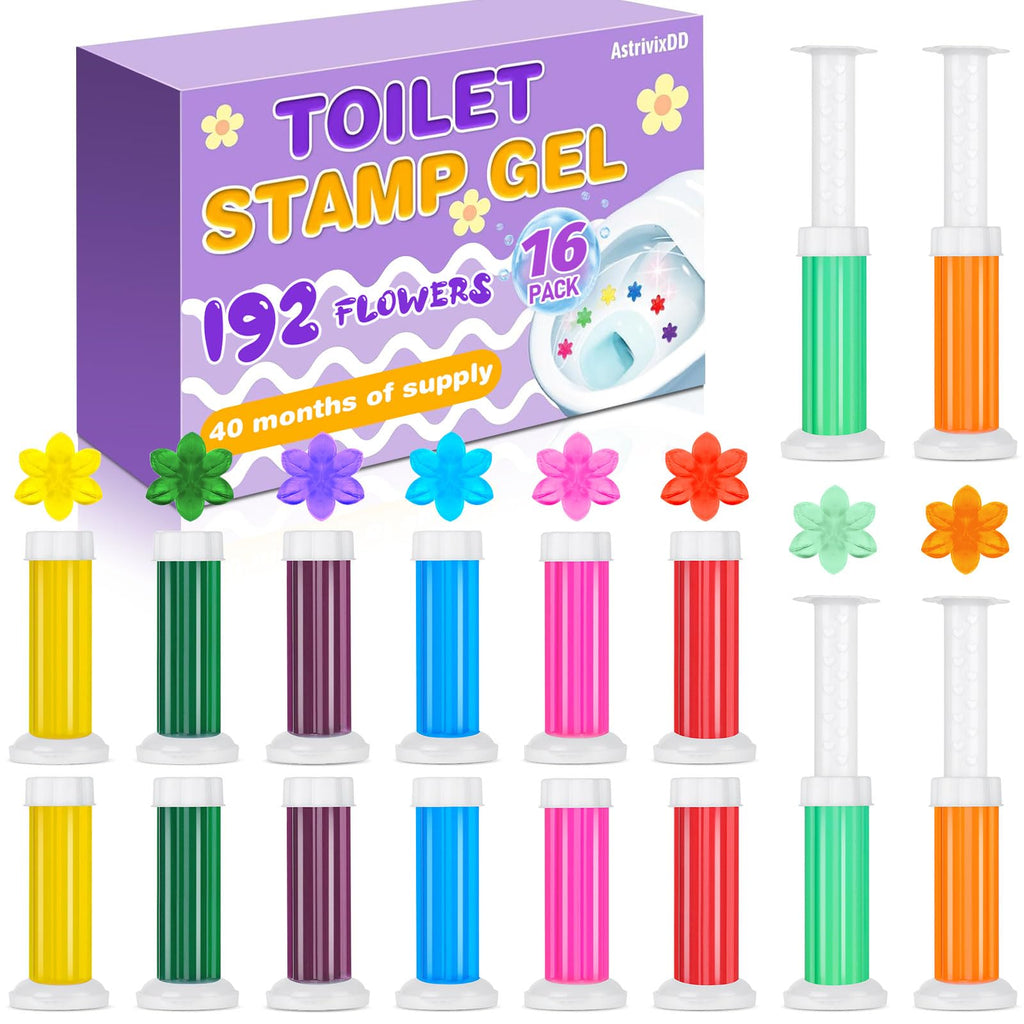 16 Pack Toilet Gel Stamp, 192 Stamps, Flowers Shaped,Toilet Bowl Cleaners | 8 Kinds Of Scent Toilet Bowl Cleaner Gel,Long-Lasting,Bathroom Freshener,Keeps Toilet Fresh Fragrant and Clean
