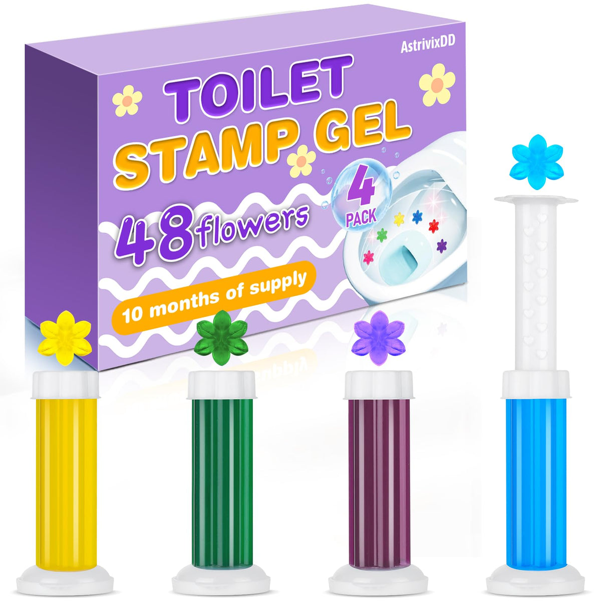 4 Pack Toilet Gel Stamp, 48 Stamps, Flowers Shaped,Toilet Bowl Cleaners | 4 Kinds Of Scent Toilet Bowl Cleaner Gel,Long-Lasting,Bathroom Freshener,Keeps Toilet Fresh Fragrant and Clean