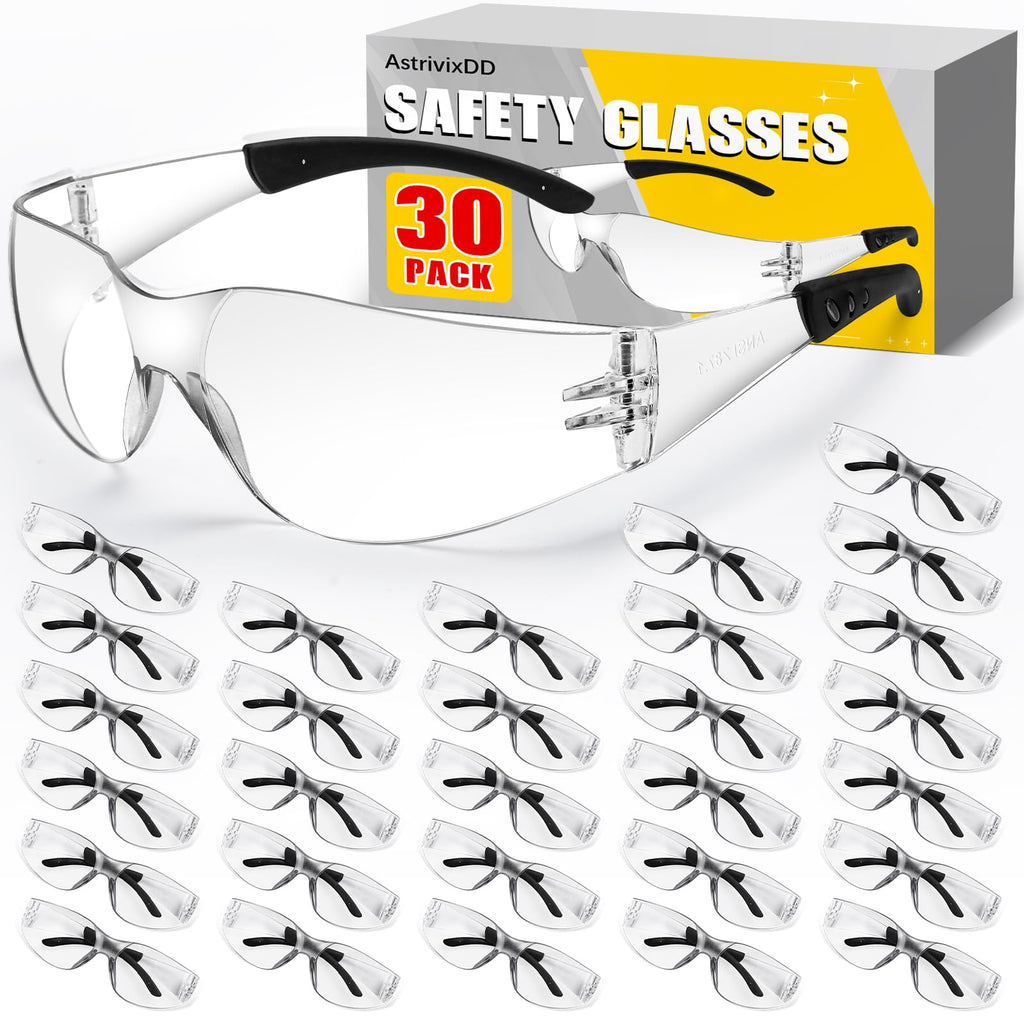 30 Pack Clear Safety Glasses for Men Women,Scratch & Impact Resistant | Safety Glasses Bulk,Clear Eye Protection Glasses with Wrap-Around Lenses for Work, Lab, Construction, Lightweight