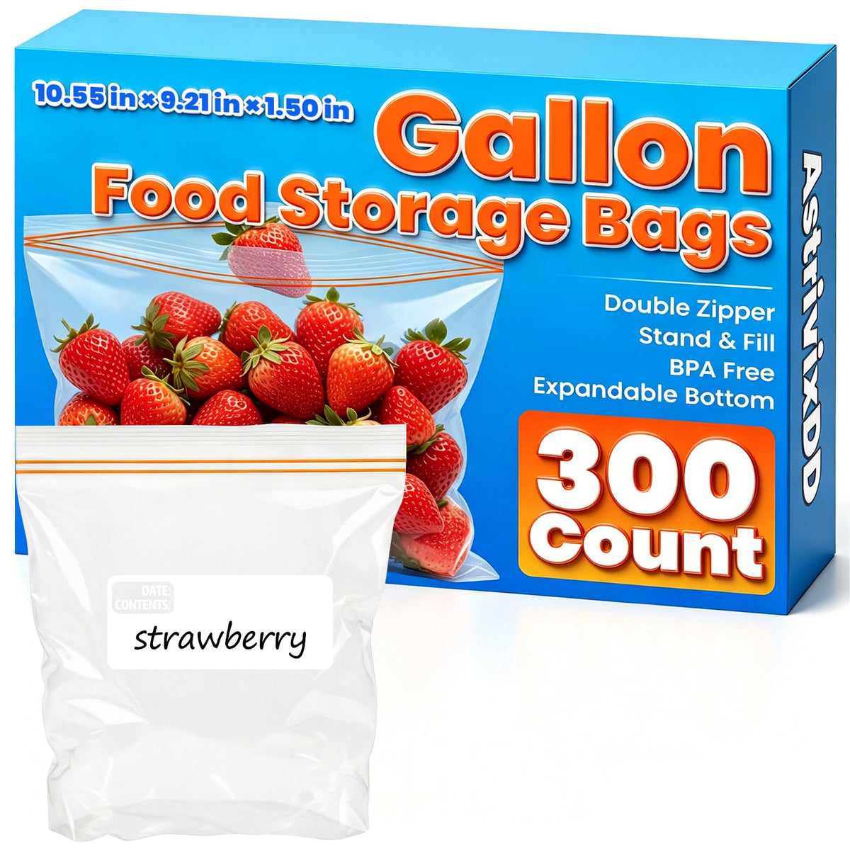 300 Count Gallon Food Storage Bags, Reclosable Gallon Bags with Double Zipper Seal, Plastic Food Storage Bags for Meat, Vegetables, Fruits, Sandwich，Snack，Stand-Up Bottom