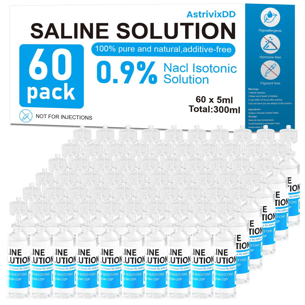 60 Pack 0.9% Saline Solution, Normal Solution for All Ages, Total 300ml | Sodium Chloride, 5ml Each, Single Use