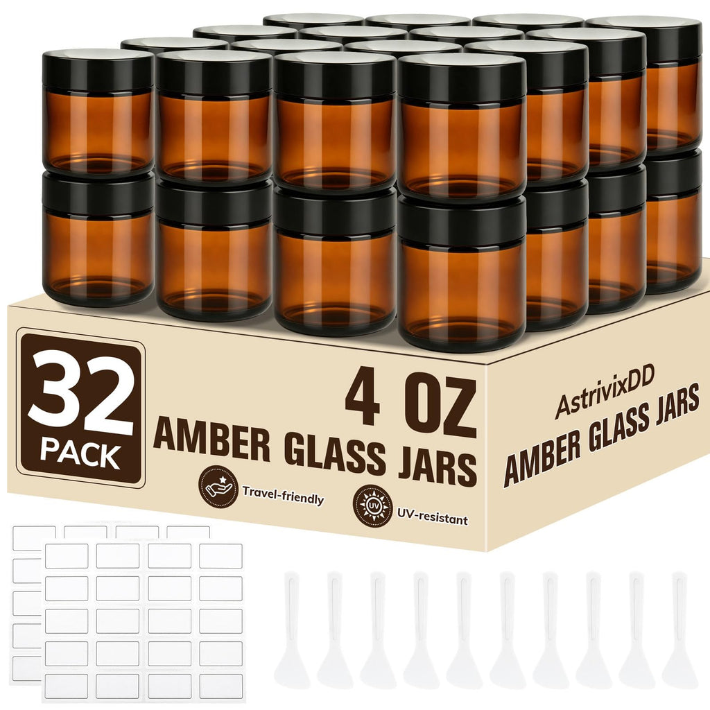 32 Pcs 4 oz Glass Jars with Lids,Amber,with 40 Labels & 10 Spatulas | Glass Jars,Inner Liners, LeakProof, UV-Protective,Round Glass Containers for Essential Oils, Spices, Candle Making,DIY