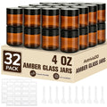 32 Pcs 4 oz Glass Jars with Lids,Amber,with 40 Labels & 10 Spatulas | Glass Jars,Inner Liners, LeakProof, UV-Protective,Round Glass Containers for Essential Oils, Spices, Candle Making,DIY