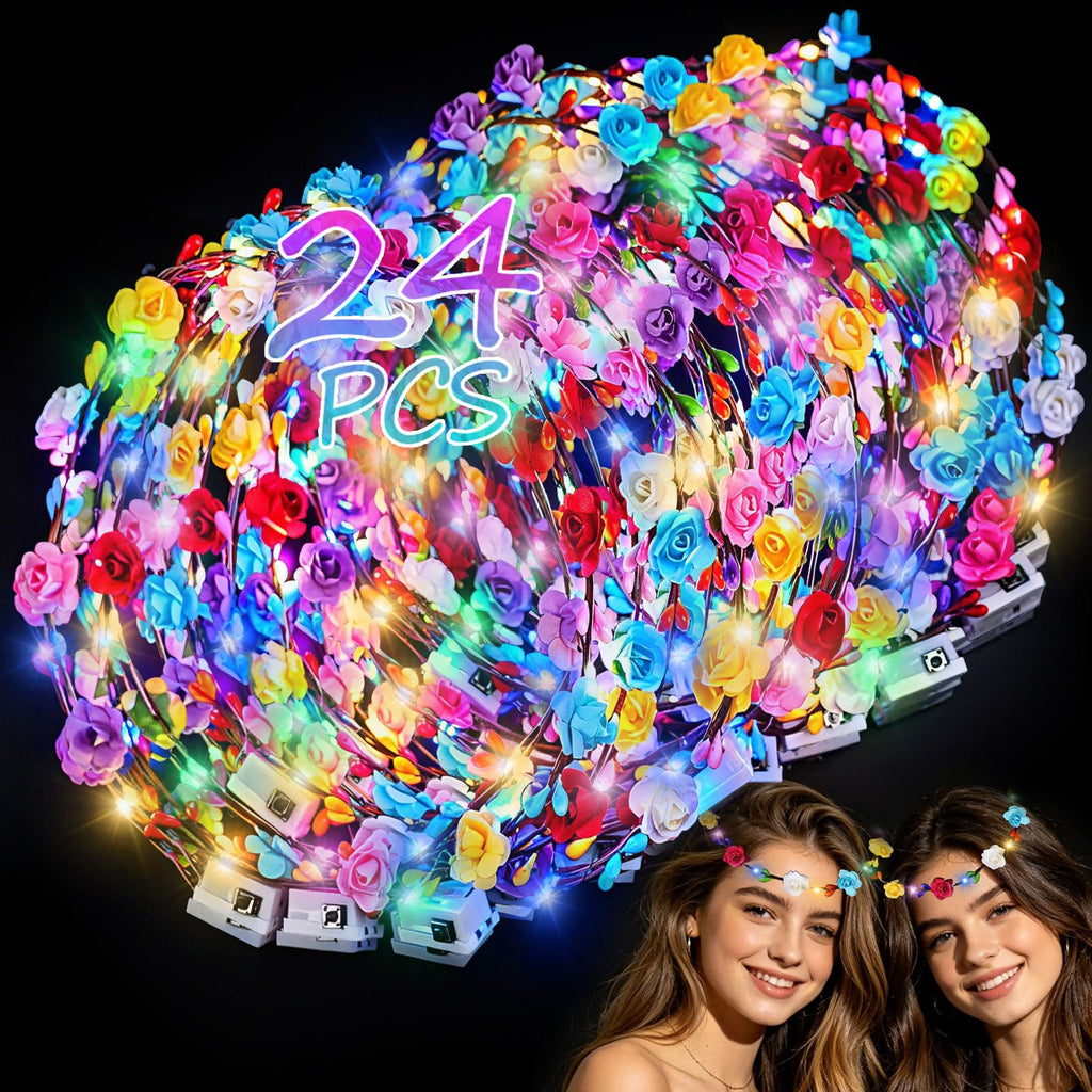 24 PCS LED Flower Crown Headbands,Glow in the Dark Party Supplies | Light Up Headband Bulk for Women for Wedding, Party, Birthday, Christmas, Cosplay and Halloween