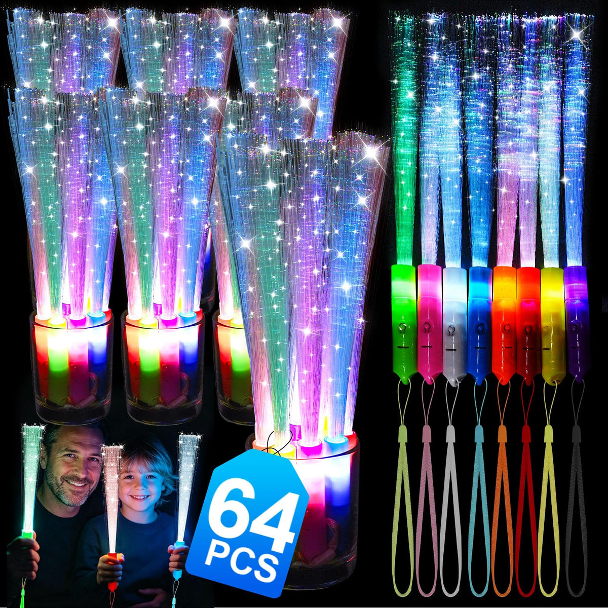 64 Pack Fiber Optic Wand, Glow in The Dark Party Supplies for Kids Glow Sticks Bulk Party Pack, Light Up Wand for July 4th, Wedding, Halloween, Birthday, New Year, Boys and Girls