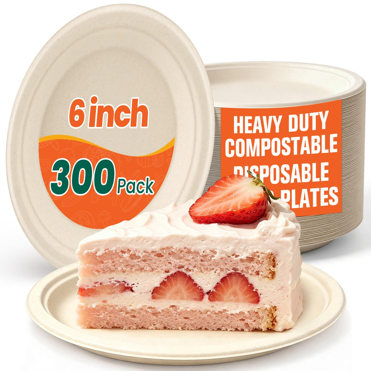 300 Pack Small Paper Plates 6 Inch, 100% Compostable Heavy Duty Dessert Plates, Unbleached Brown Biodegradable Disposable Plate Made from Bagasse and Bamboo Fiber, for Party, Picnic & Daily Use