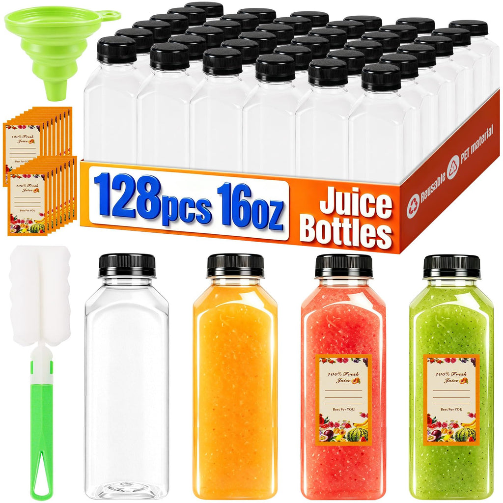 128 Pack 16 oz Reusable Plastic Juice Bottles,Clear Juice Bottles with Caps | Leak Proof Portable Juice Bottles with Caps for Homemade Juice, Tea, Coffee and Daily Travel Storage
