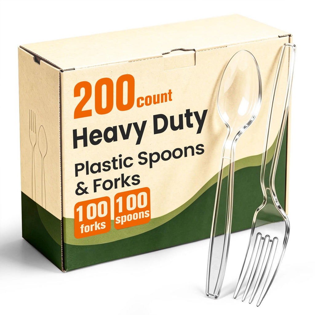 200 Count Plastic Silverware Heavy Duty,Clear Plastic Forks and Spoons , 100 Spoons & 100 Forks,BPA-Free,Heat Resistant Disposable Cutlery Utensil Set for Catering & Events, Daily Use