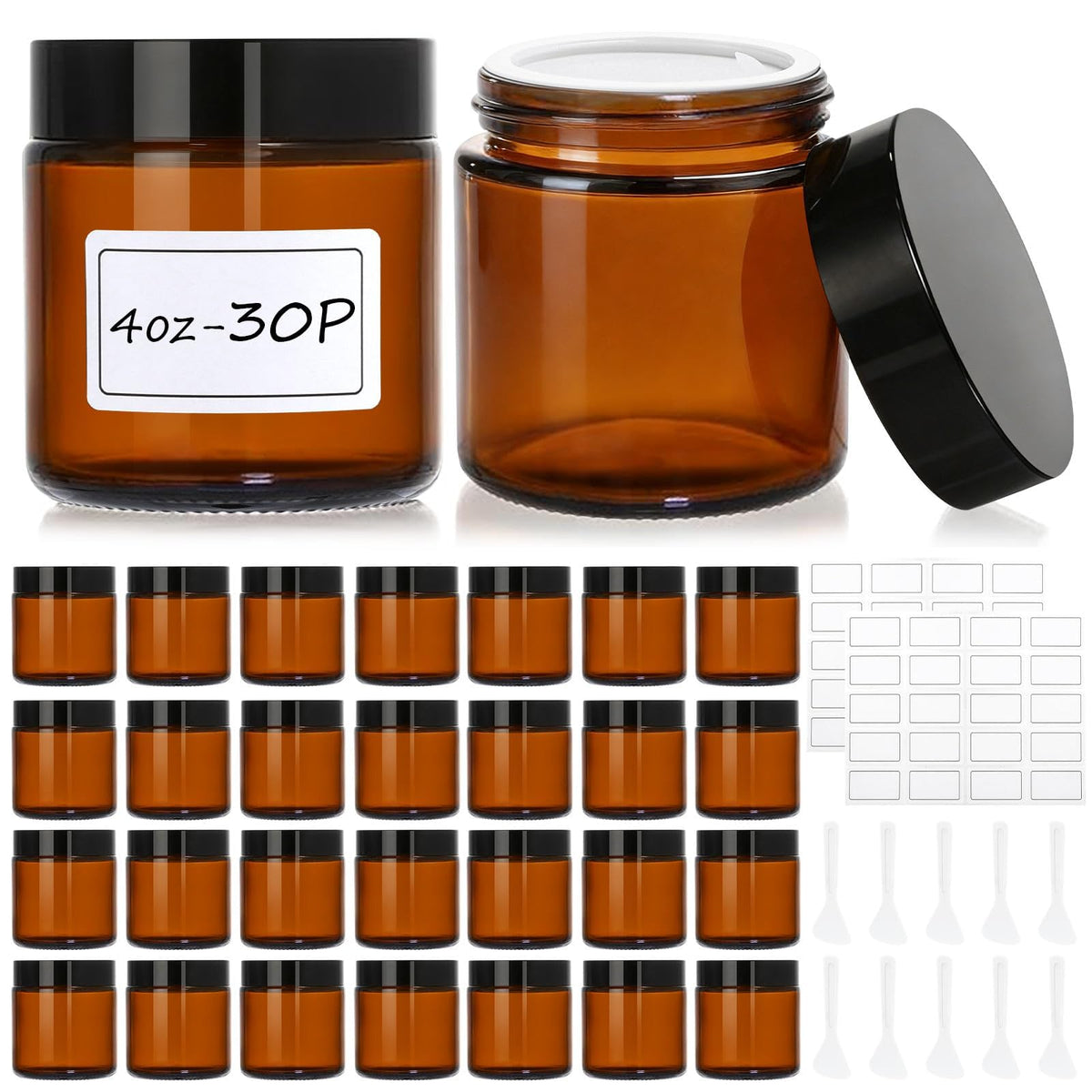 30 Pcs 4 oz Glass Jars with Lids, Amber,with 60 Labels & 10 Spatulas | Glass Jars,Inner Liners,LeakProof, UV-Protective, Round Glass Containers for Essential Oils, Spices, Candle Making, DIY