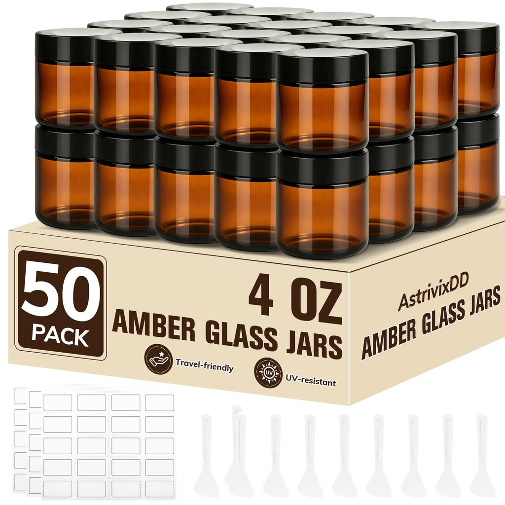 50 Pcs 4 oz Glass Jars with Lids,Amber,with 40 Labels & 10 Spatulas | Glass Jars,Inner Liners, LeakProof, UV-Protective,Round Glass Containers for Essential Oils, Spices, Candle Making,DIY