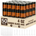 50 Pcs 4 oz Glass Jars with Lids,Amber,with 40 Labels & 10 Spatulas | Glass Jars,Inner Liners, LeakProof, UV-Protective,Round Glass Containers for Essential Oils, Spices, Candle Making,DIY