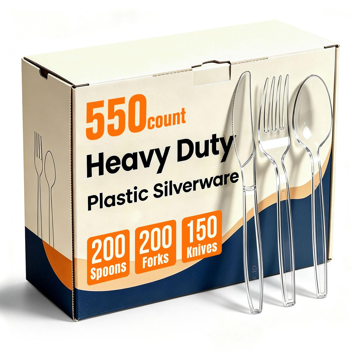 550 Count Plastic Silverware Heavy Duty, 200 Forks, 200 Spoons, 150 Knives | Clear Disposable Plastic Utensils Set, BPA-Free, Heat Resistant Plastics Cutlery for Catering & Events, Daily