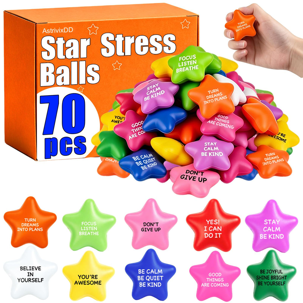 70 Pack Star Stress Balls Bulk, Foam Fidget Toys with Motivational Quotes | Anxiety and Anger Relief Mini Squeeze Toys for Adults, Kids, Work, School and Party Favors, Multi-Color
