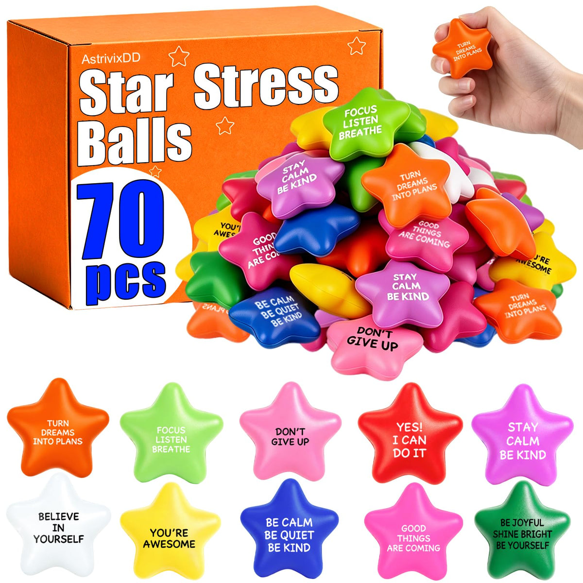 70 Pack Star Stress Balls Bulk, Foam Fidget Toys with Motivational Quotes | Anxiety and Anger Relief Mini Squeeze Toys for Adults, Kids, Work, School and Party Favors, Multi-Color
