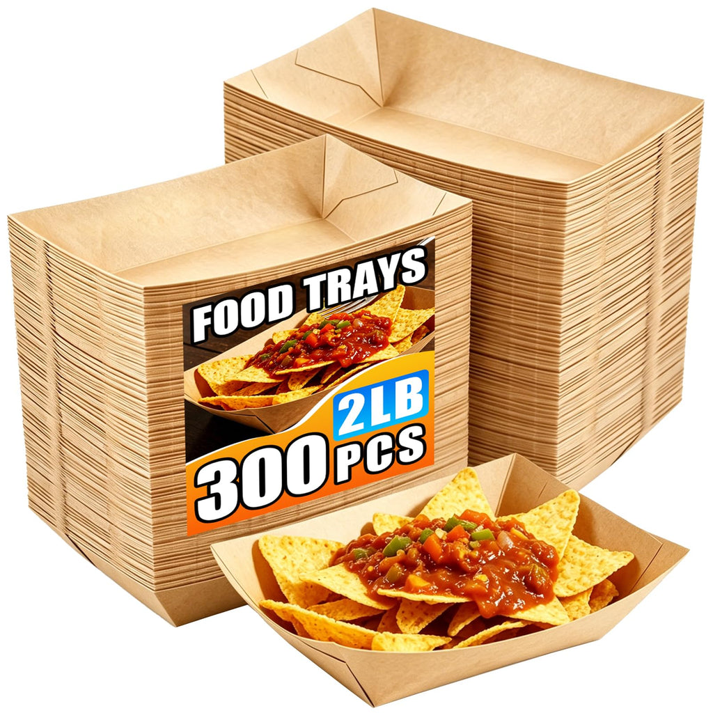 300 Pack 2LB Paper Food Trays, Heavy-Duty Disposable Kraft Paper Food Boats, Serving Basket Tray for Fries Nachos Snacks Hot Dog Taco Popcorn,Food Holder Trays for BBQ Party Picnic Wedding