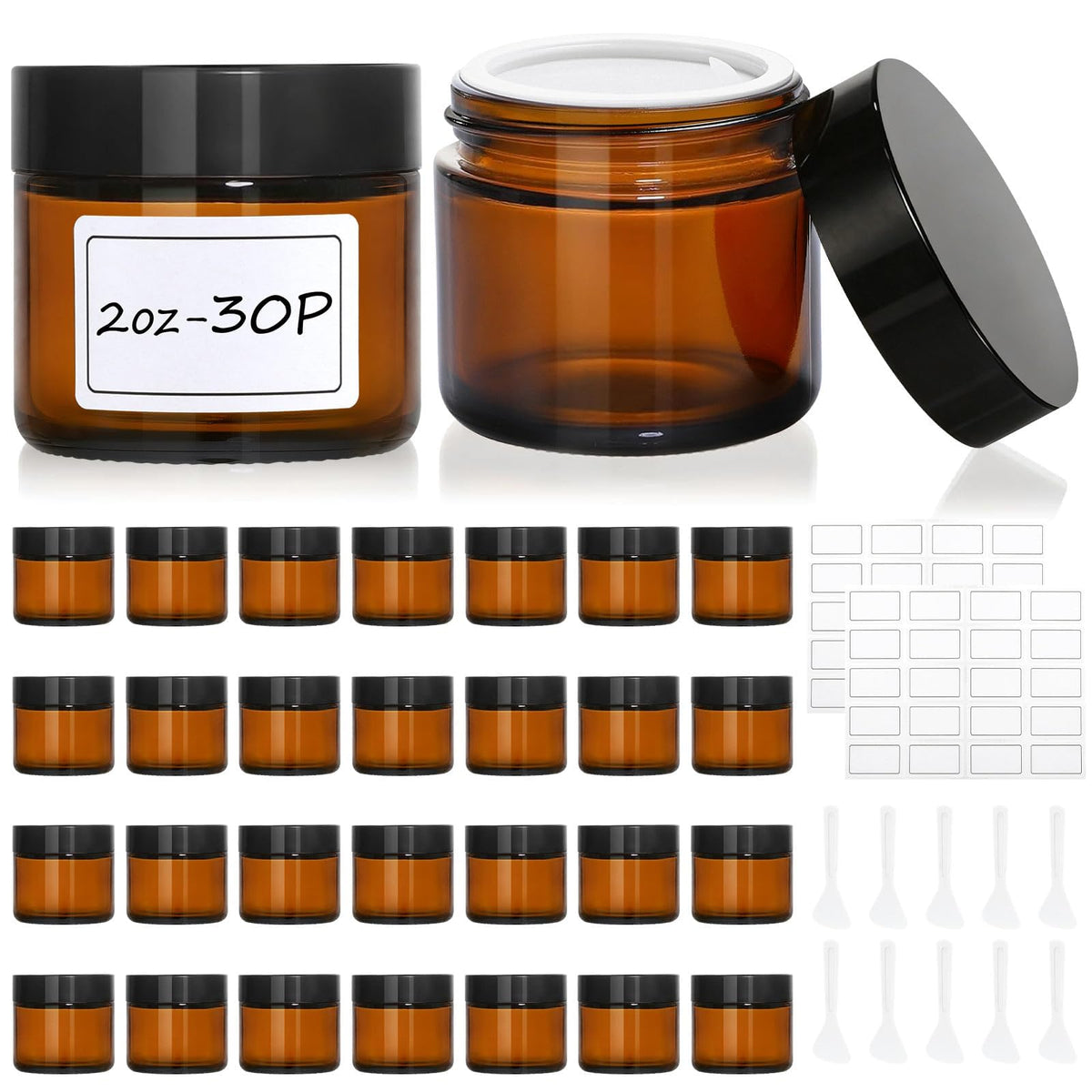 30 Pcs 2 oz Glass Jars with Lids, Amber,with 60 Labels & 10 Spatulas | Glass Jars,Inner Liners,LeakProof, UV-Protective, Round Glass Containers for Essential Oils, Spices, Candle Making, DIY