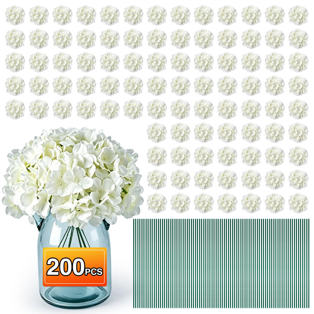 200PCS White Hydrangea Artificial Flowers, Faux Hydrangeas Fake Flowers | Bulk Fake Flower Heads with Stems, Easy to Assemble, Artificial Flowers for Wedding, Centerpieces, Home, Party(No Vase)