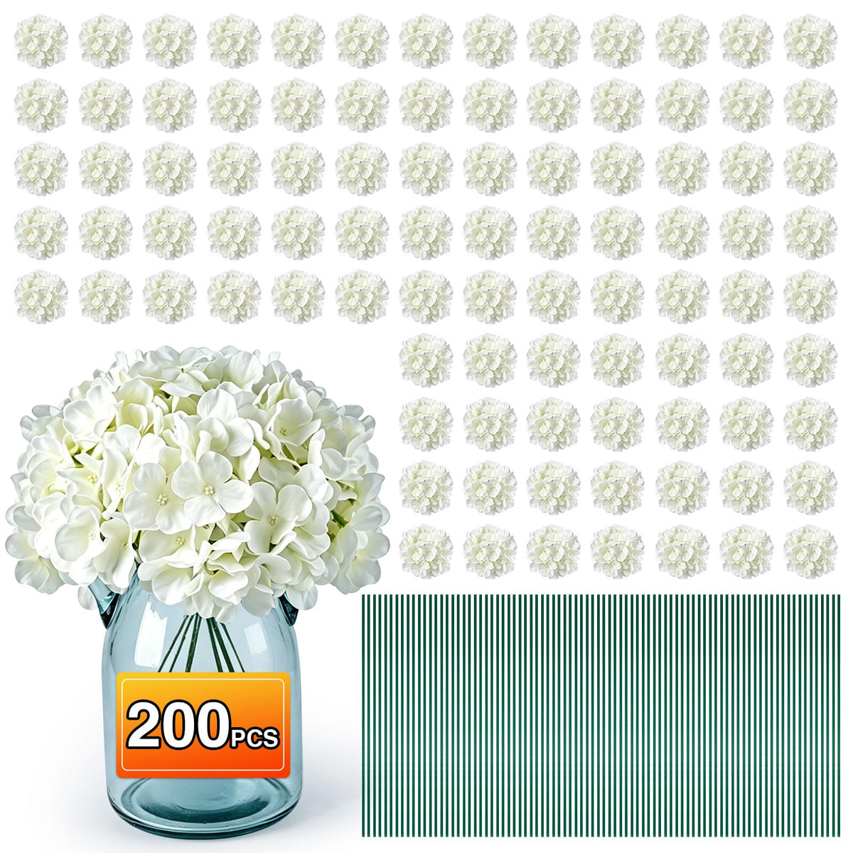 200PCS White Hydrangea Artificial Flowers, Faux Hydrangeas Fake Flowers | Bulk Fake Flower Heads with Stems, Easy to Assemble, Artificial Flowers for Wedding, Centerpieces, Home, Party(No Vase)
