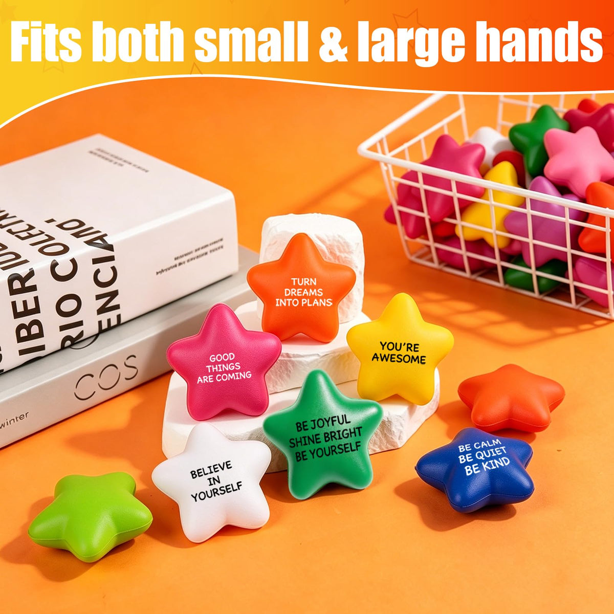 120 Pack Star Stress Balls Bulk, Foam Fidget Toys with Motivational Quotes | Anxiety and Anger Relief Mini Squeeze Toys for Adults, Kids, Work, School and Party Favors, Multi-Color