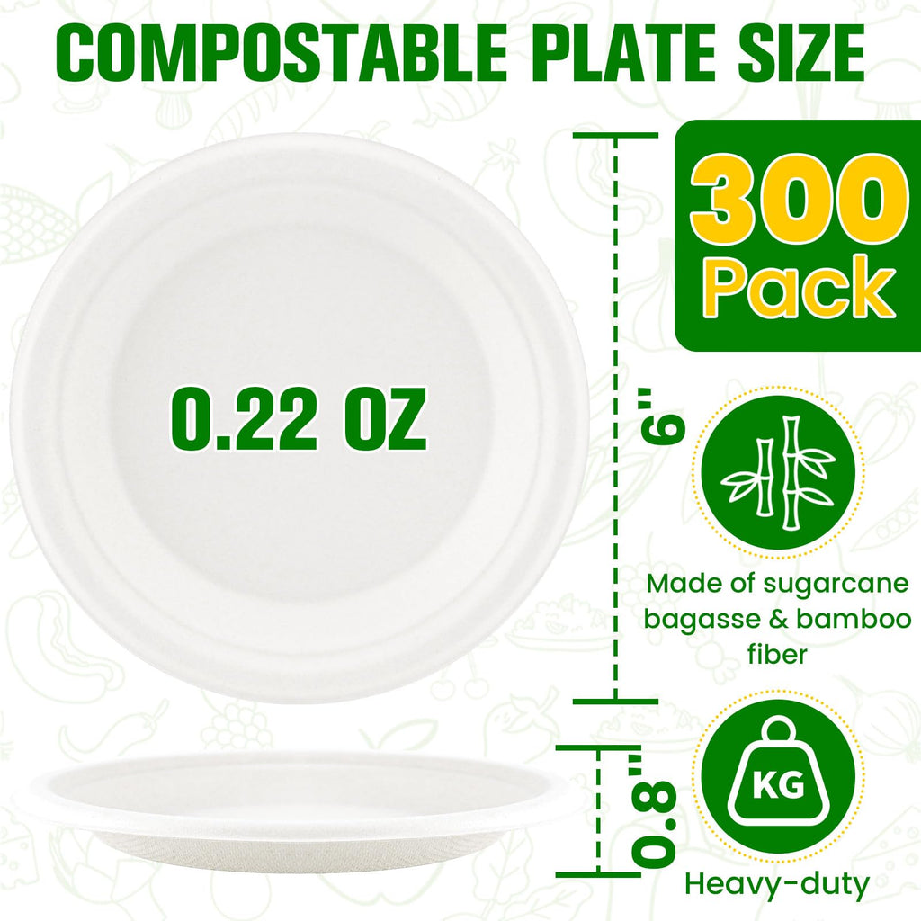 300 Pack Small Paper Plates 6 Inch, 100% Compostable Heavy Duty Dessert Plates, Unbleached Biodegradable Disposable Plate Made from Bagasse and Bamboo Fiber, for Party, Picnic & Daily Use-White