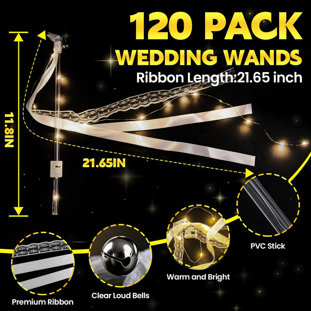 120PCS Light Up Wands, LED Wedding Wands，Sparklers Wedding Send Off 3 Flashing Modes, Fairy Wand Ribbon Streamers with Bells for Wedding Favors, Party, New Year, Concert, Warm White