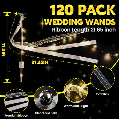 120PCS Light Up Wands, LED Wedding Wands，Sparklers Wedding Send Off 3 Flashing Modes, Fairy Wand Ribbon Streamers with Bells for Wedding Favors, Party, New Year, Concert, Warm White