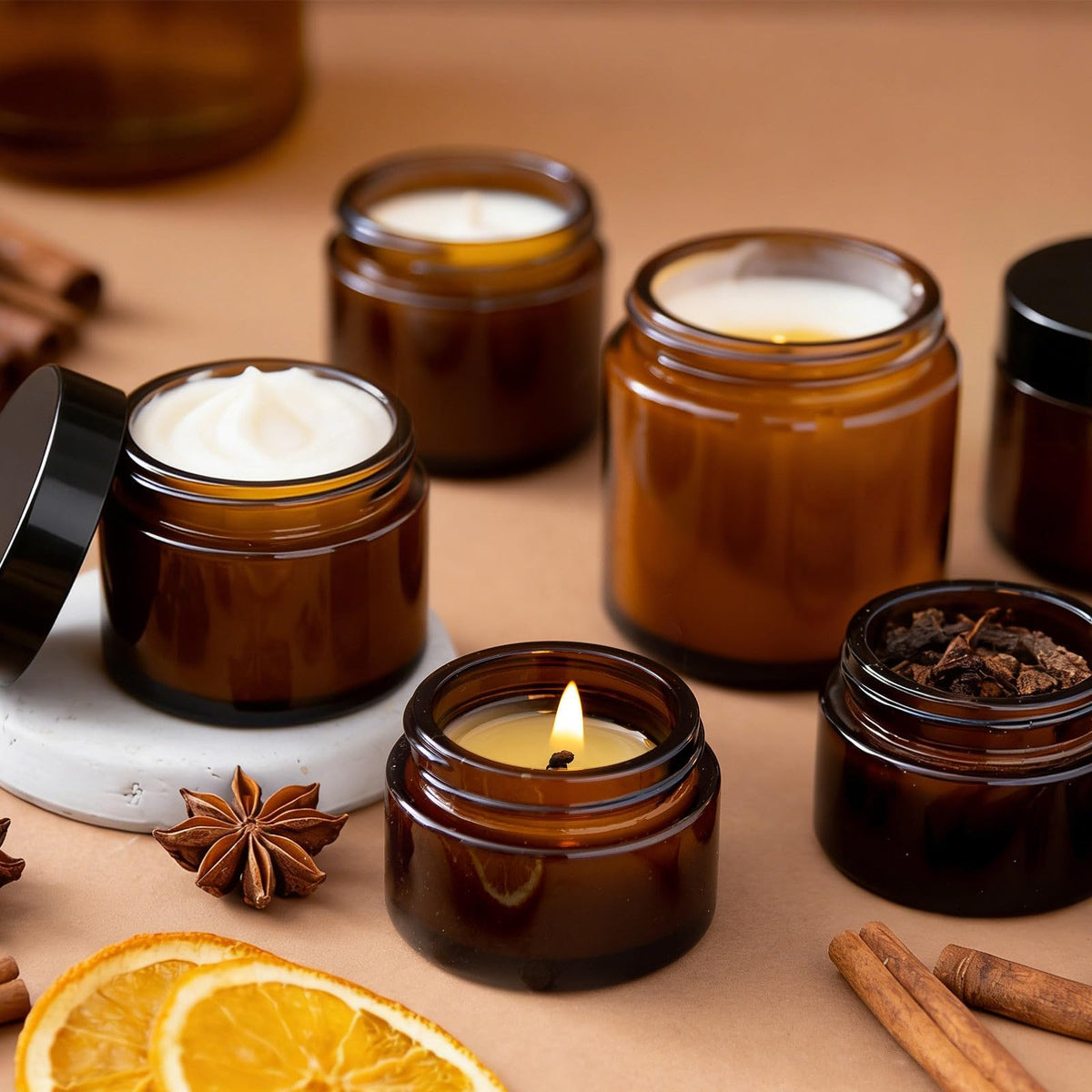 50 Pcs 2 oz Glass Jars with Lids,Amber,with 40 Labels & 10 Spatulas | Glass Jars,Inner Liners, LeakProof, UV-Protective,Round Glass Containers for Essential Oils, Spices, Candle Making,DIY