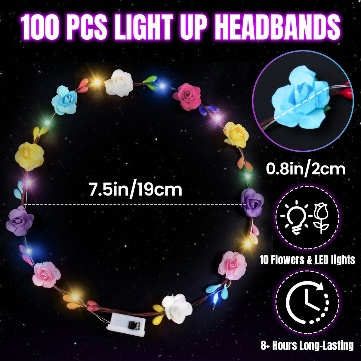 100 PCS LED Flower Crown Headbands,Glow in the Dark Party Supplies | Light Up Headband Bulk for Women for Wedding, Party, Birthday, Christmas, Cosplay and Halloween
