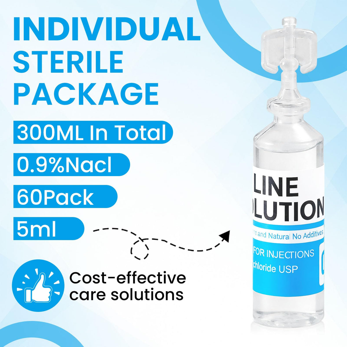 60 Pack 0.9% Saline Solution, Normal Solution for All Ages, Total 300ml | Sodium Chloride, 5ml Each, Single Use