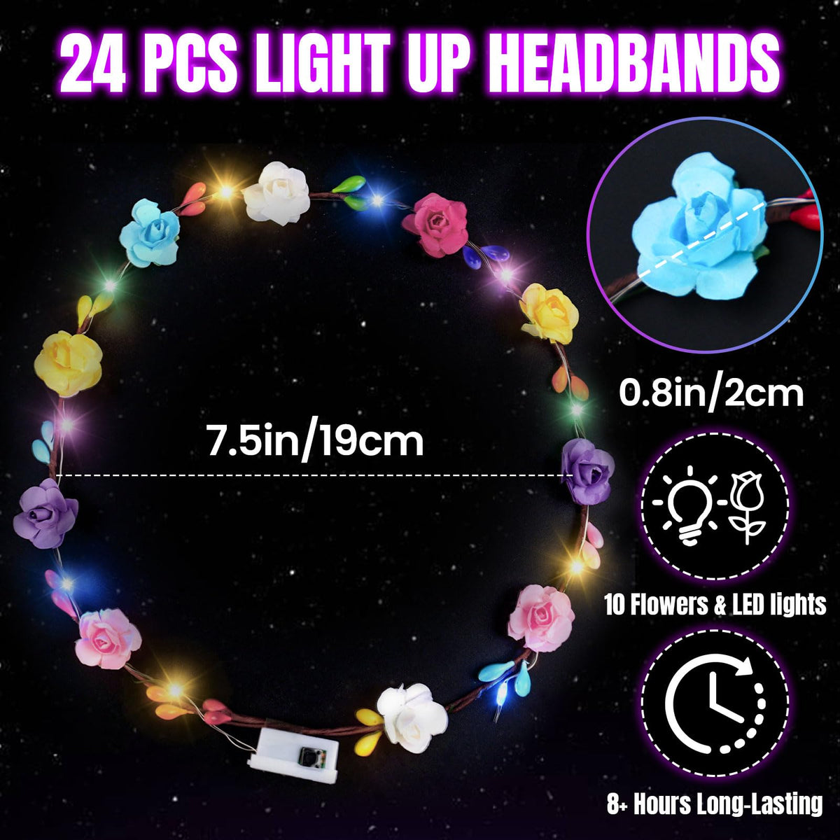24 PCS LED Flower Crown Headbands,Glow in the Dark Party Supplies | Light Up Headband Bulk for Women for Wedding, Party, Birthday, Christmas, Cosplay and Halloween