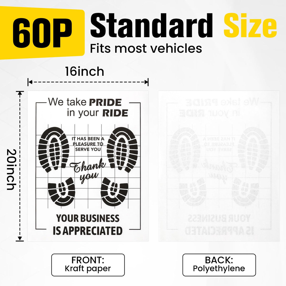 60 Pcs Paper Floor Mats for Cars, 16"x20" Disposable Car Floor Mats | Temporary Vehicles Protector, with Kraft Paper + PE Waterproof LayerPaper, Paper Mats for Car Details