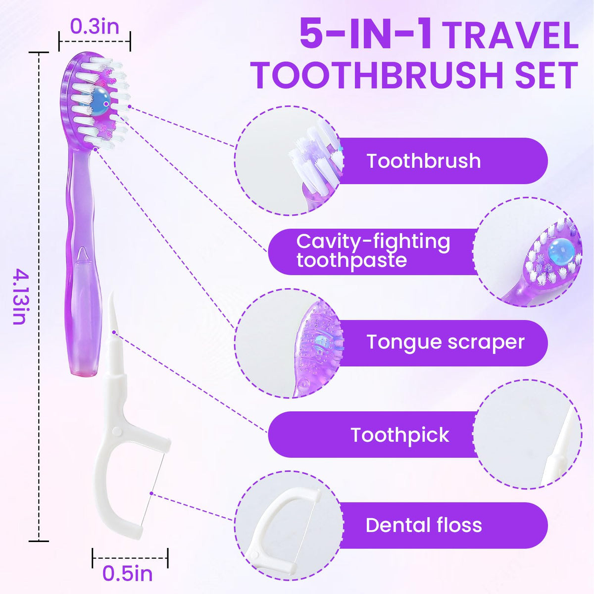 120 Pack 5-in-1 Mini Toothbrush Disposable, Prepasted Toothbrushes | Waterless Disposable Toothbrushes with Toothpaste, Floss, Tongue Scraper & Toothpick, for Travel, Hotel, Camping