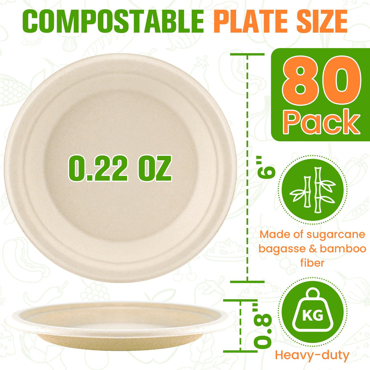80 Pack Small Paper Plates 6 Inch, 100% Compostable Heavy Duty Dessert Plates, Unbleached Brown Biodegradable Disposable Plate Made from Bagasse and Bamboo Fiber, for Party, Picnic & Daily Use