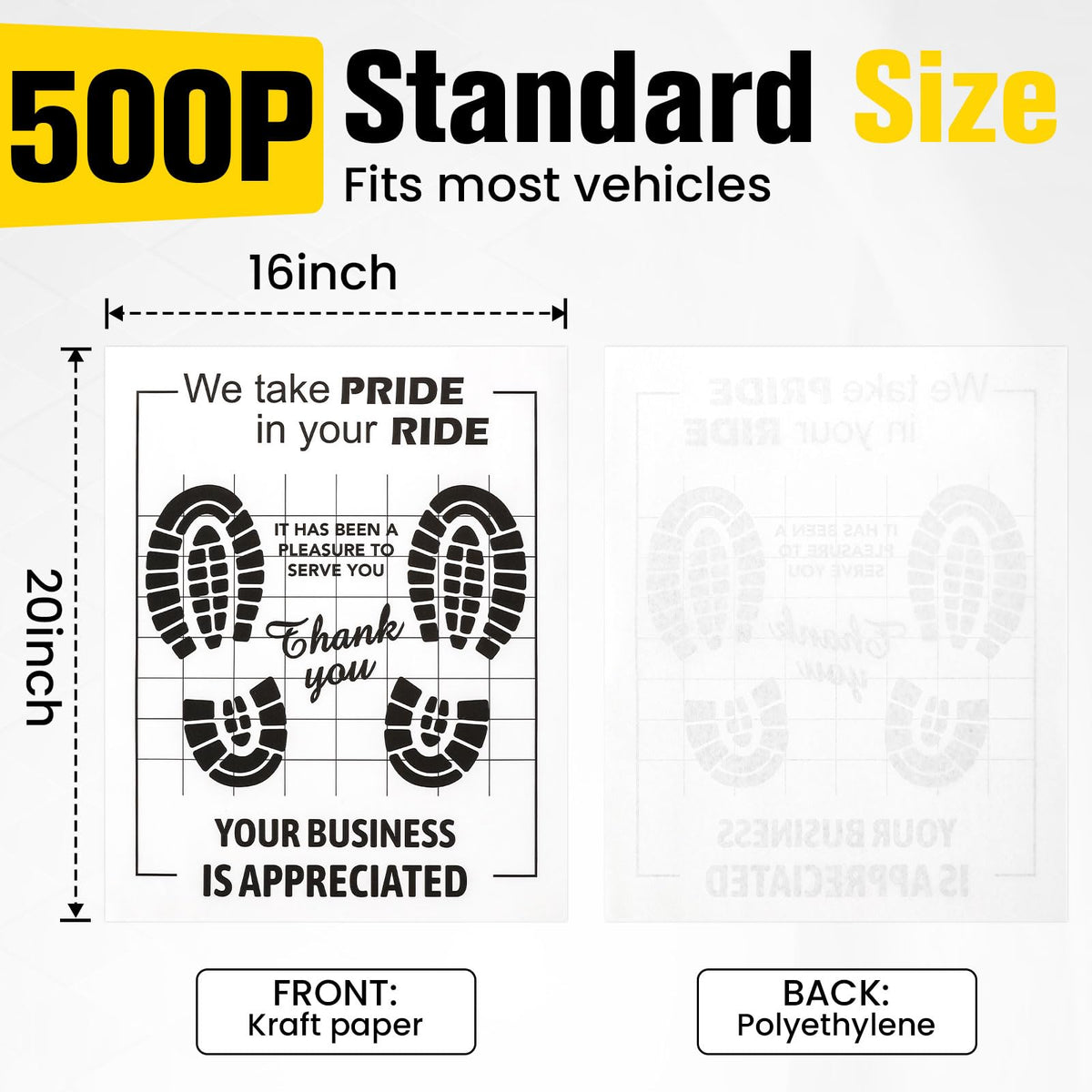 500 Pcs Paper Floor Mats for Cars, 16"x20" Disposable Car Floor Mats | Temporary Vehicles Protector, with Kraft Paper + PE Waterproof LayerPaper, Paper Mats