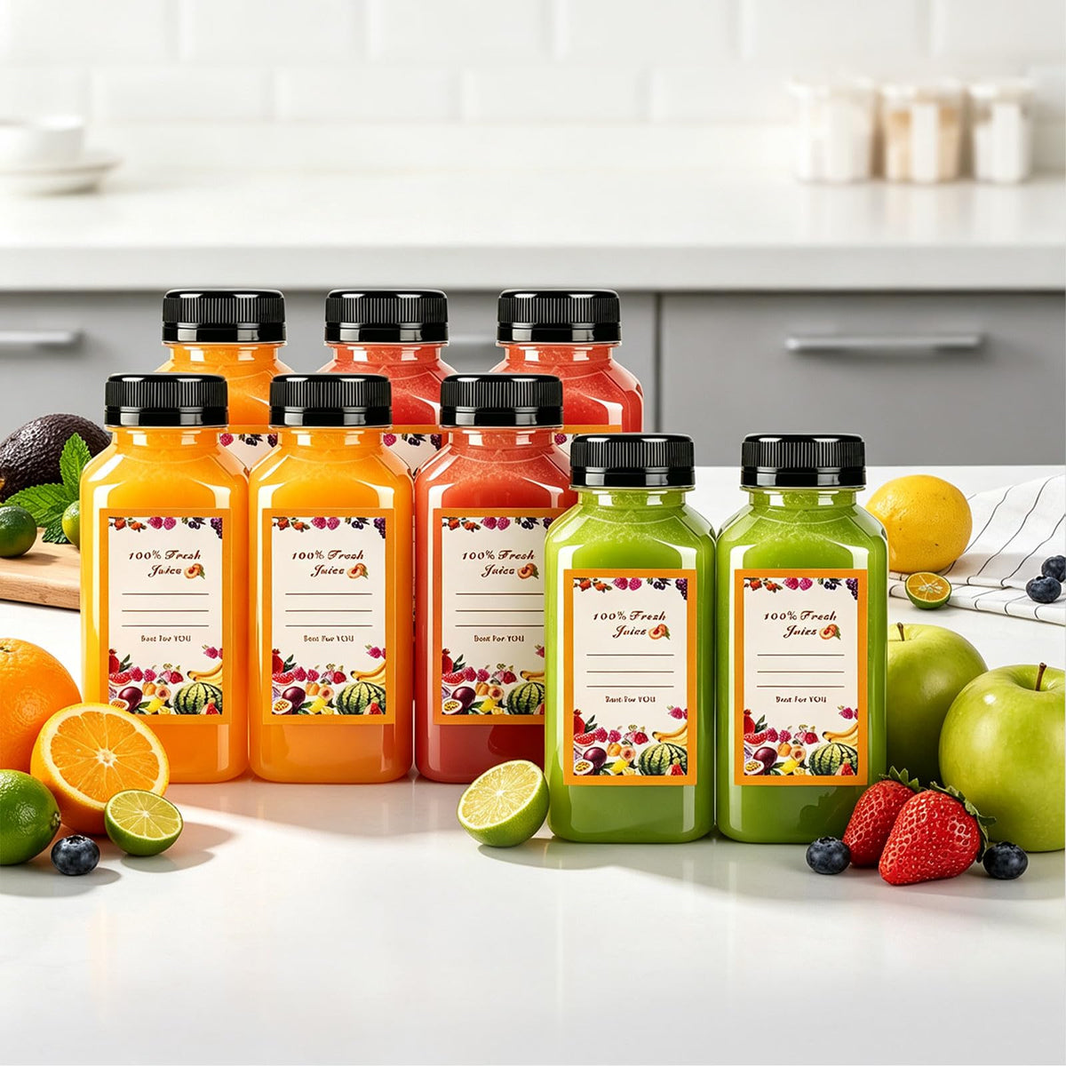 8 Pack 8oz Reusable Plastic Juice Bottles,Clear Juice Bottles with Caps | Leak Proof Portable Juice Bottles with Caps for Homemade Juice, Tea, Coffee and Daily Travel Storage