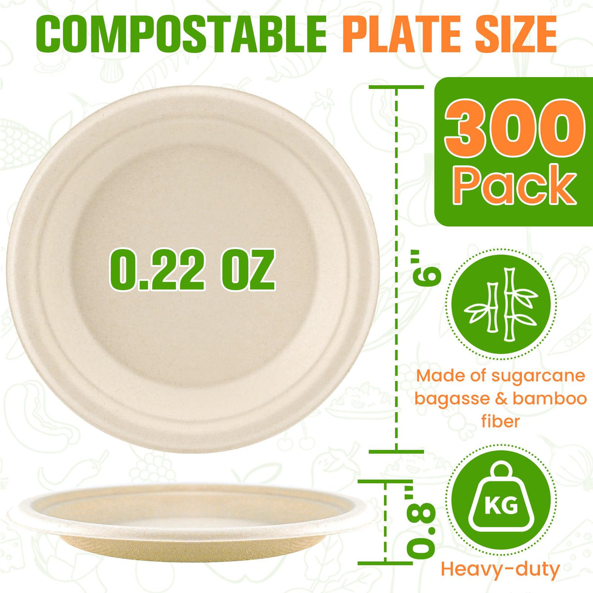 300 Pack Small Paper Plates 6 Inch, 100% Compostable Heavy Duty Dessert Plates, Unbleached Brown Biodegradable Disposable Plate Made from Bagasse and Bamboo Fiber, for Party, Picnic & Daily Use