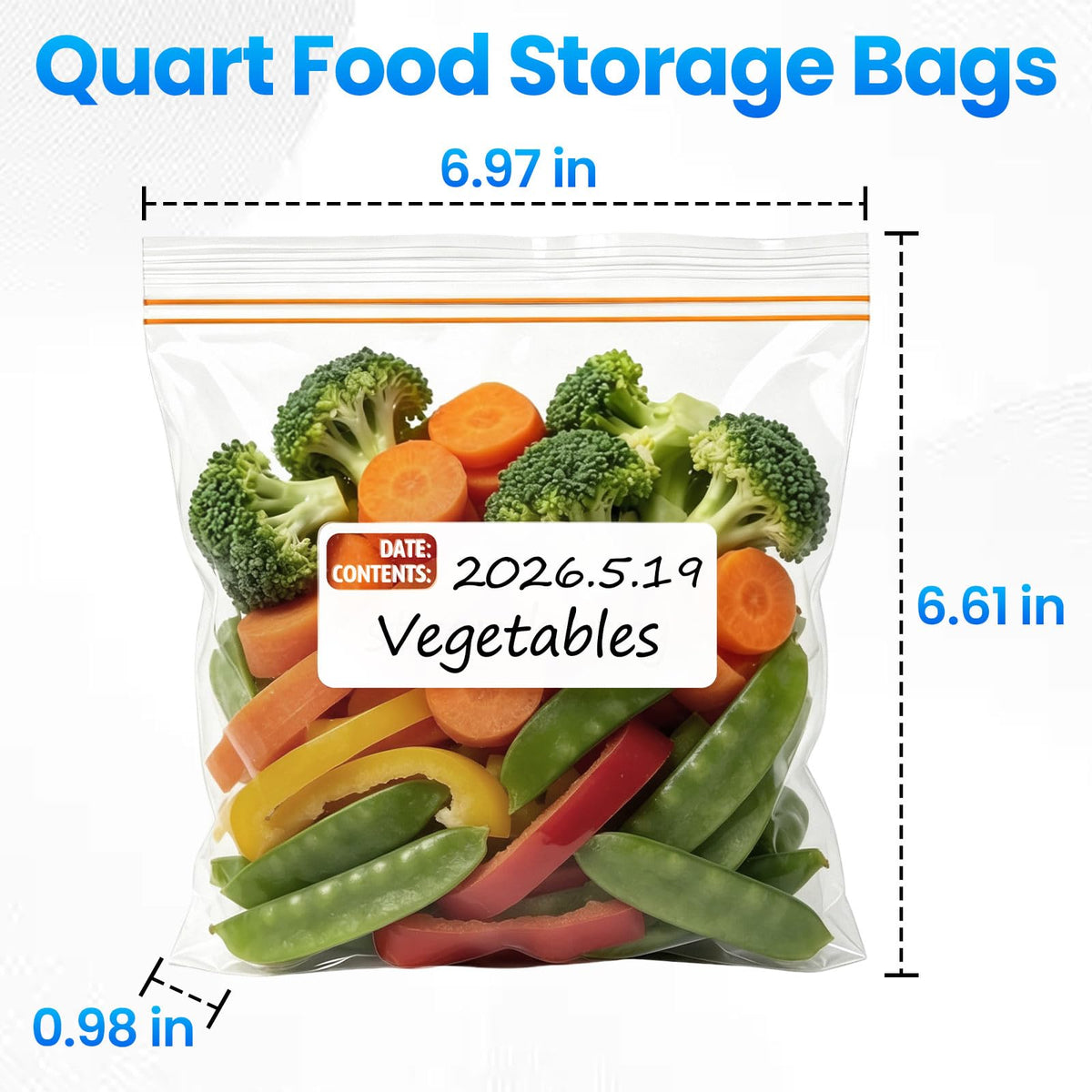 300 Count Quart Food Storage Bags, Reclosable Quart Bags with Double Zipper Seal, Plastic Food Storage Bags for Meat, Vegetables, Fruits, Sandwich，Snack，Stand-Up Bottom