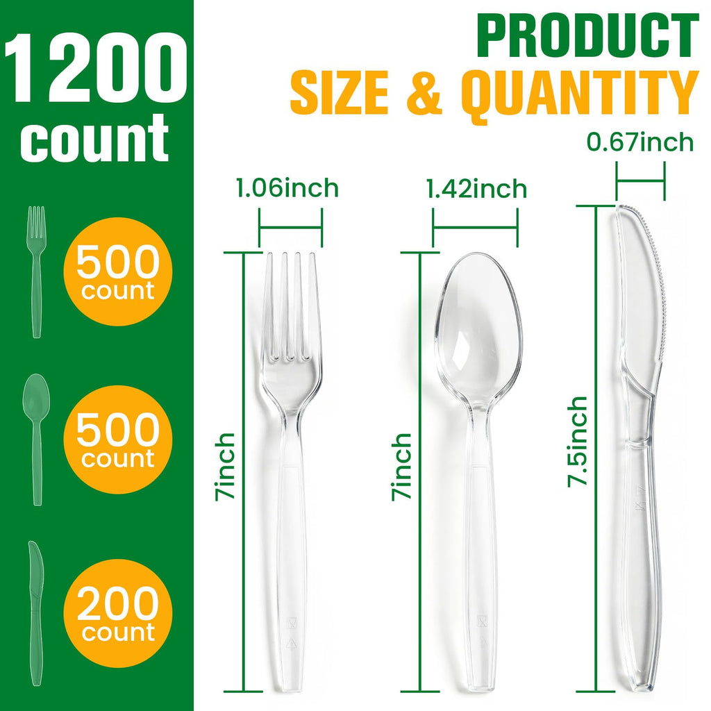 1200 Count Plastic Silverware Heavy Duty,Clear Disposable Plastic Utensils Set,500 Forks, 500 Spoons,200 Knives,BPA-Free, Heat Resistant PlasticCutlery, Plasticware Bulk for Catering & Events, Daily