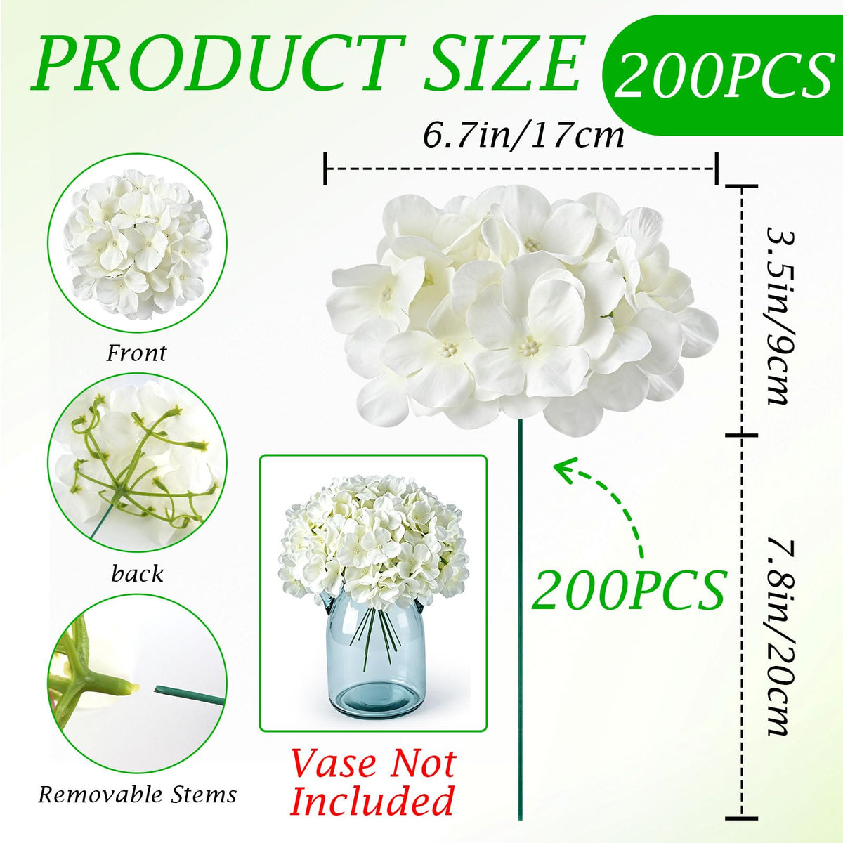 200PCS White Hydrangea Artificial Flowers, Faux Hydrangeas Fake Flowers | Bulk Fake Flower Heads with Stems, Easy to Assemble, Artificial Flowers for Wedding, Centerpieces, Home, Party(No Vase)