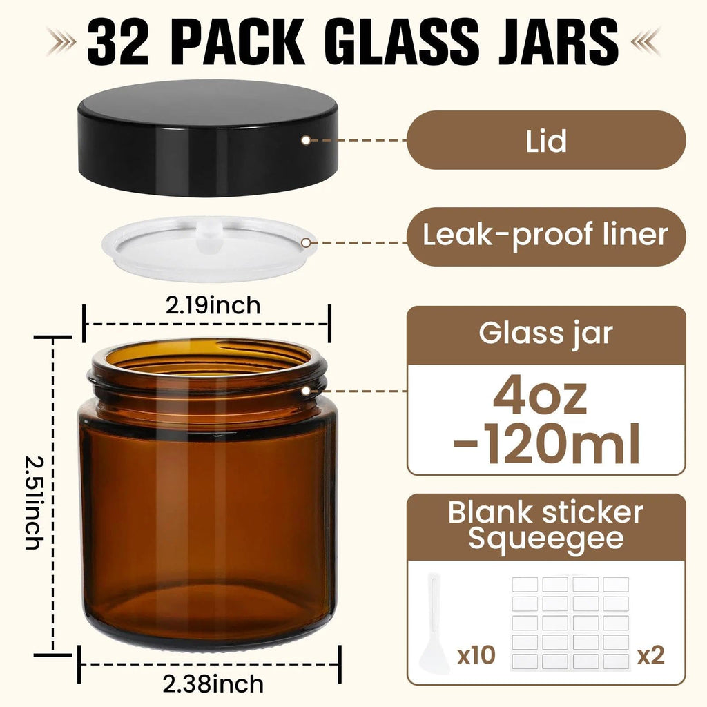 32 Pcs 4 oz Glass Jars with Lids,Amber,with 40 Labels & 10 Spatulas | Glass Jars,Inner Liners, LeakProof, UV-Protective,Round Glass Containers for Essential Oils, Spices, Candle Making,DIY