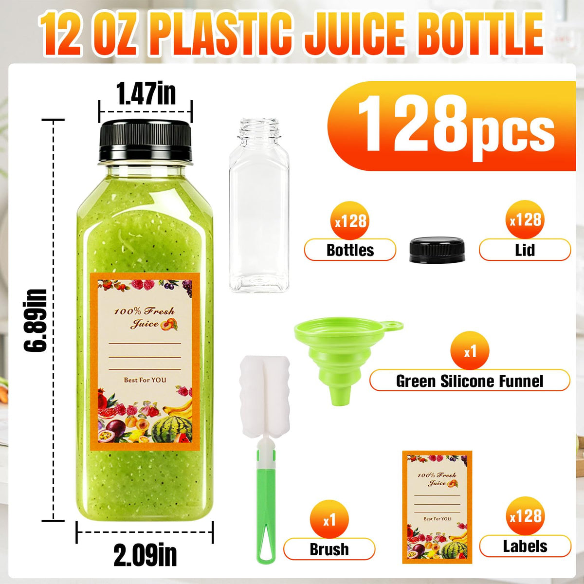 128 Pack 12 oz Reusable Plastic Juice Bottles,Clear Juice Bottles with Caps | Leak Proof Portable Juice Bottles with Caps for Homemade Juice, Tea, Coffee and Daily Travel Storage
