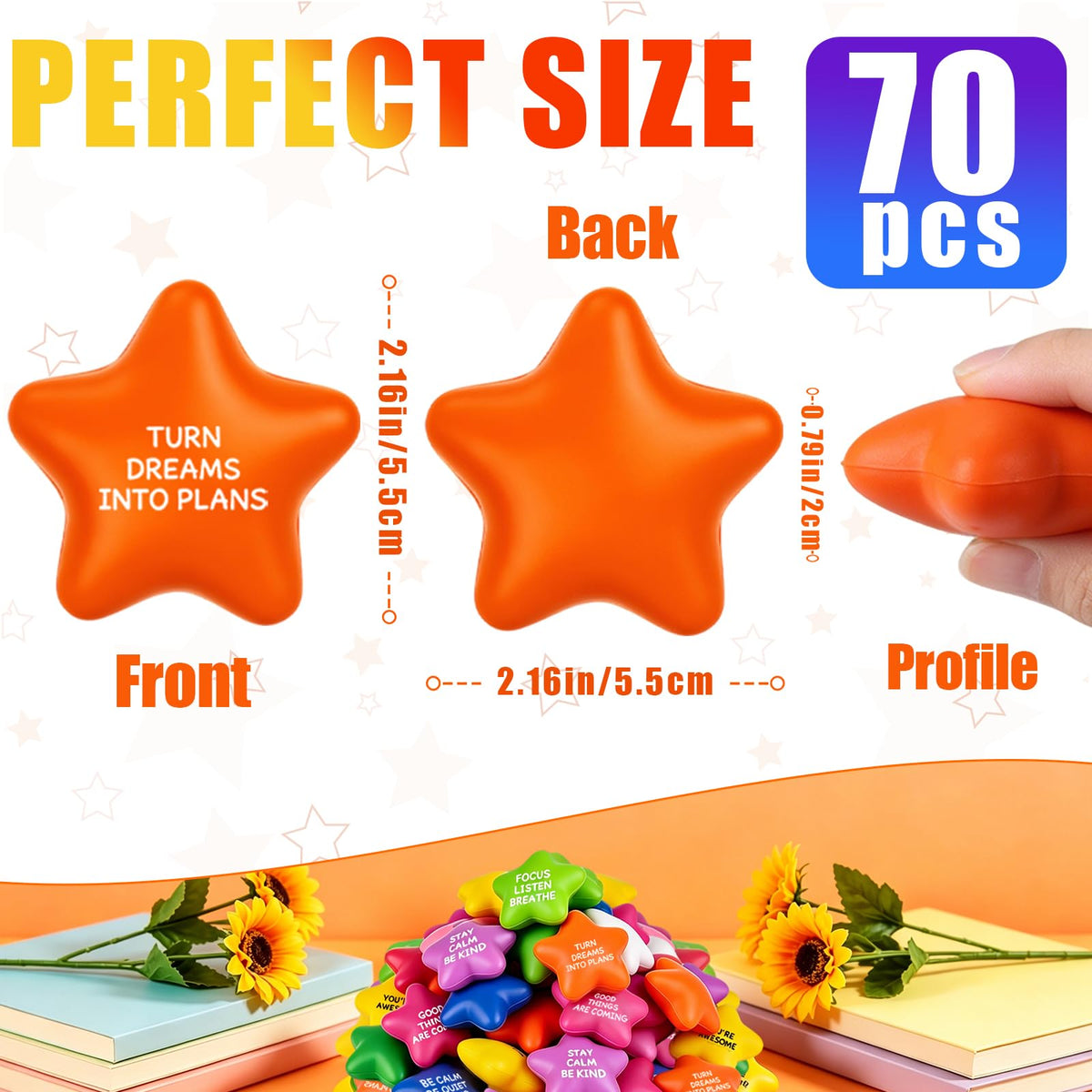 70 Pack Star Stress Balls Bulk, Foam Fidget Toys with Motivational Quotes | Anxiety and Anger Relief Mini Squeeze Toys for Adults, Kids, Work, School and Party Favors, Multi-Color