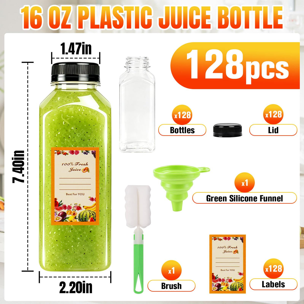 128 Pack 16 oz Reusable Plastic Juice Bottles,Clear Juice Bottles with Caps | Leak Proof Portable Juice Bottles with Caps for Homemade Juice, Tea, Coffee and Daily Travel Storage