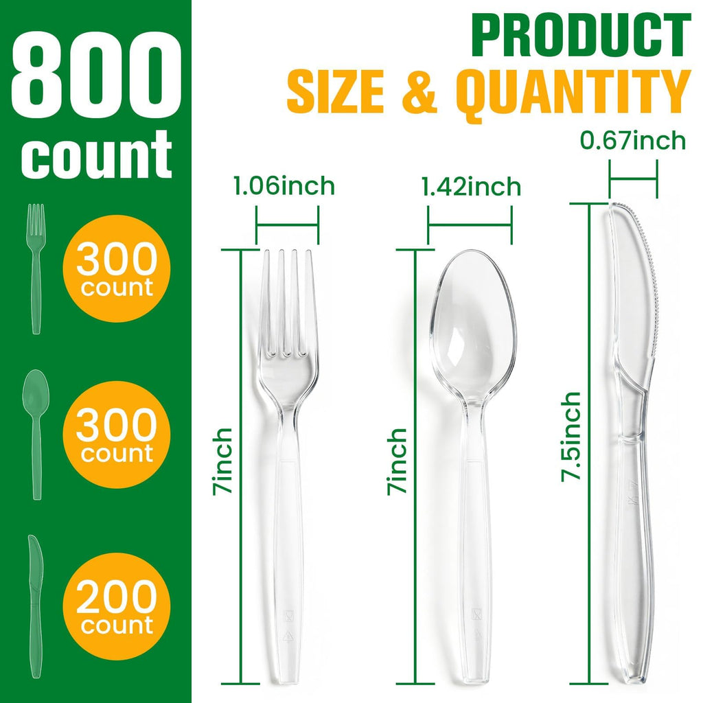 800 Count Plastic Silverware Heavy Duty, 300 Forks, 300 Spoons, 200 Knives | Clear Disposable Plastic Utensils Set, BPA-Free, Heat Resistant Plastics Cutlery for Catering & Events, Daily
