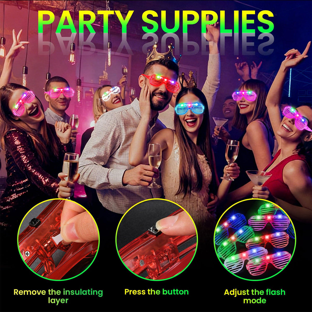 120 Pack LED Glasses, 6 Colors, Glow in The Dark Party Supplies | Party Glasses for Adults, Light Up Glasses, Glow Shutter Glasses, for Valentines Day, New Year's Eve, Birthday