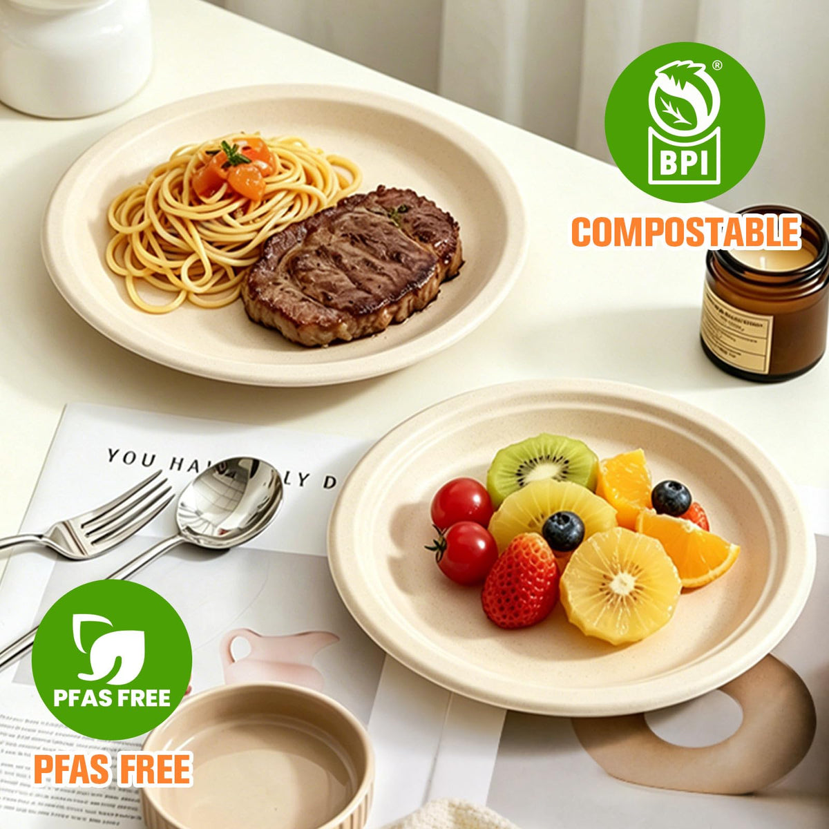 300 Pack Small Paper Plates 6 Inch, 100% Compostable Heavy Duty Dessert Plates, Unbleached Brown Biodegradable Disposable Plate Made from Bagasse and Bamboo Fiber, for Party, Picnic & Daily Use